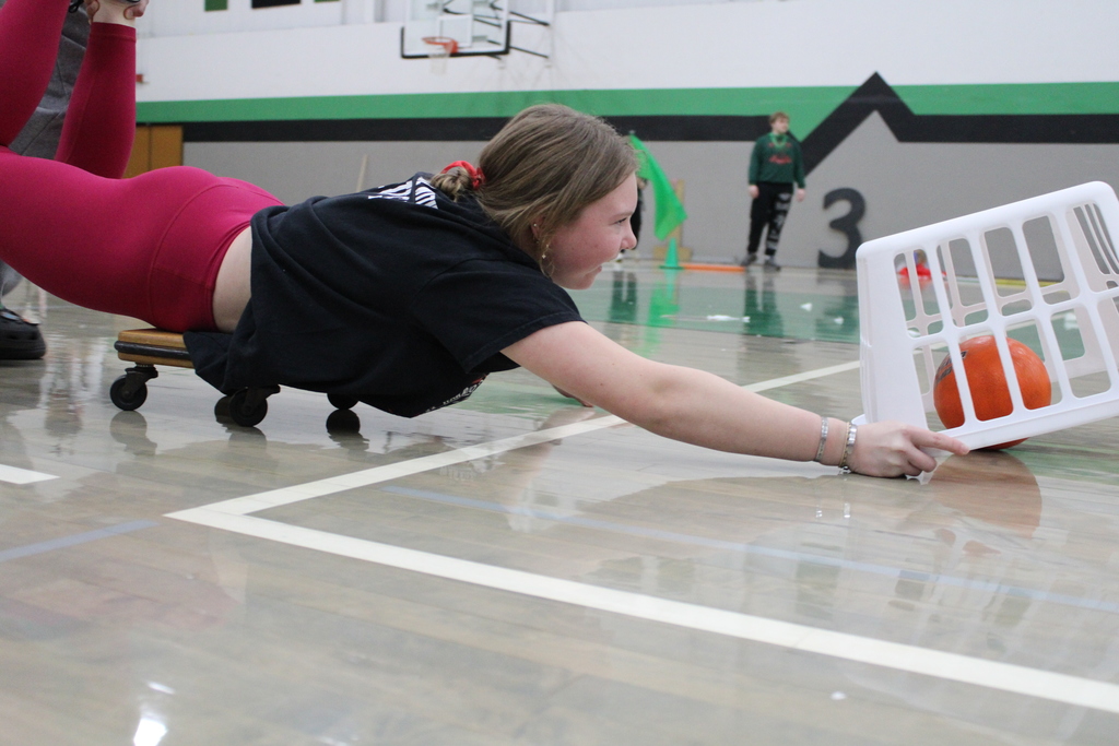 Person on a rolling platform reaching for a ball with a white basket in a gym.