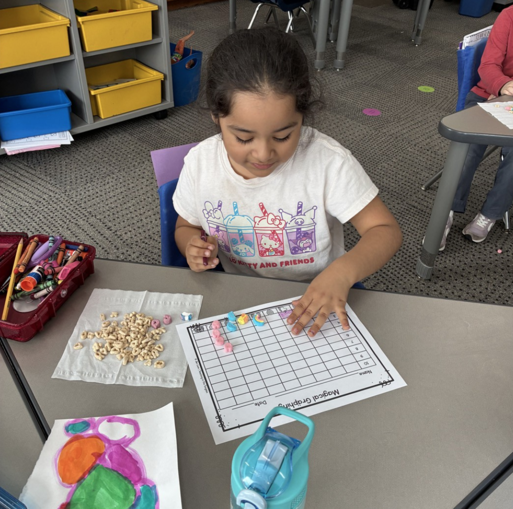 5K student graphing data using Lucky Charms marshmallows.