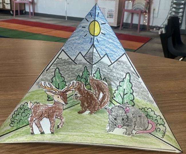 A diorama showing three wild creatures from 1st grade's study of habitats.