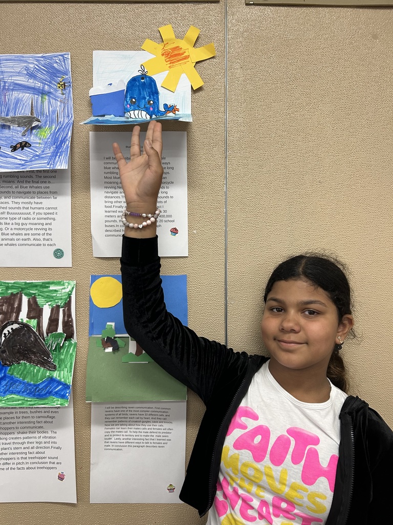 Girl standing by a wall of posted projects on animals with her hand up by hers..