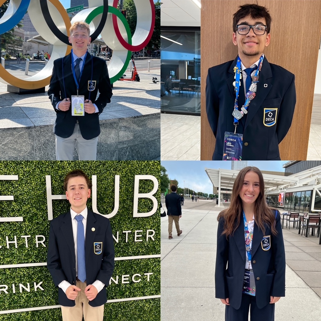 A collage of individual photos of four students in their blue DECA Blazers