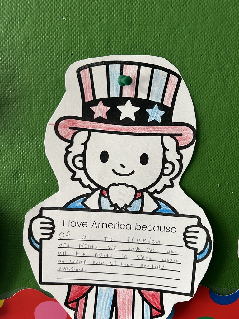 Student art celebrating America's 250 years and saying why the artist loves America.