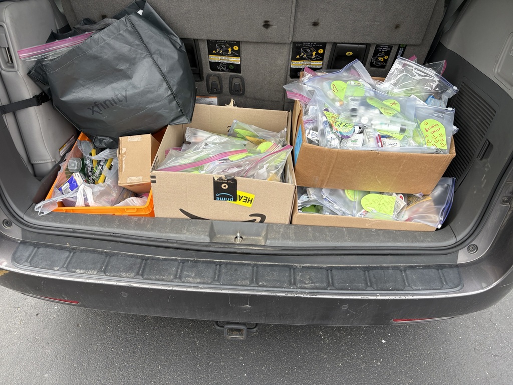 A trunk full of kits to be delivered to Street Angels.