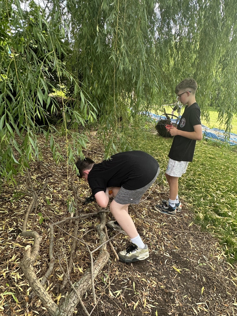 Two students under a tree removing sticks and debris.