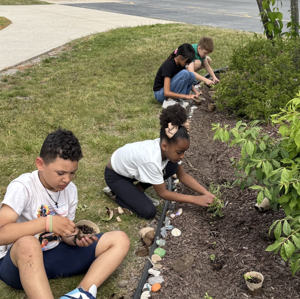 Four students pose in front of College Park with a shovel and cups of seedling plants before putting them into the school gardens.