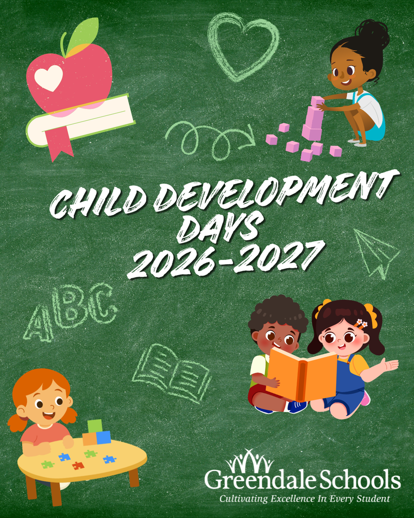 Chalkboard graphic with Child Development Days 2026-2027 and cartoon children reading , playing with blocks and playing with a puzzle.