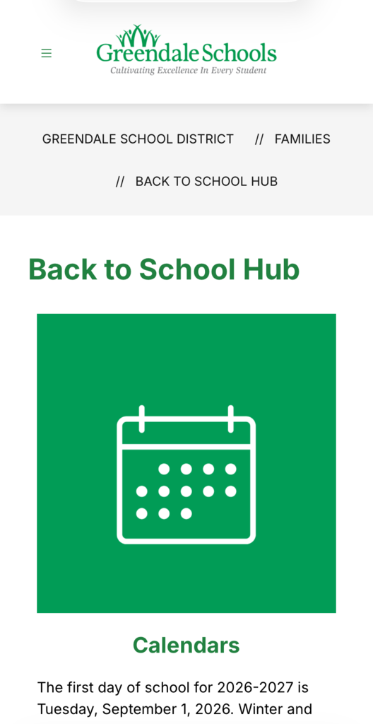 Screen shot of back to school hub webpage.