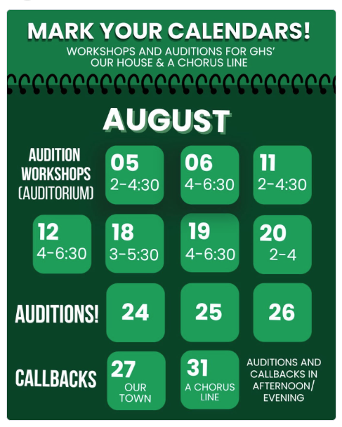 Audition workshop grid with dates August 5, 6, 11, 12, 18, 19 and 20 at various times. Auditions and callbacks on August 24-26, 27 and 31.