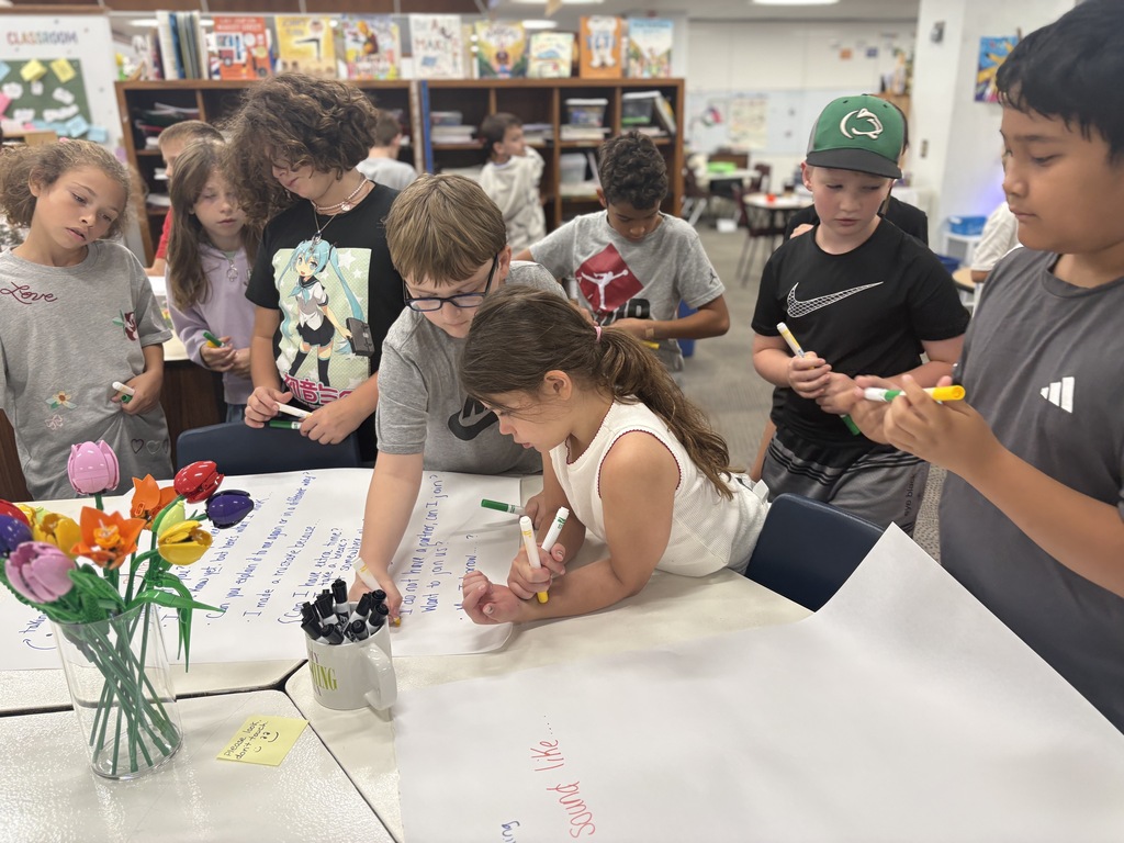 Students working together posting ideas with post its on a white paper.