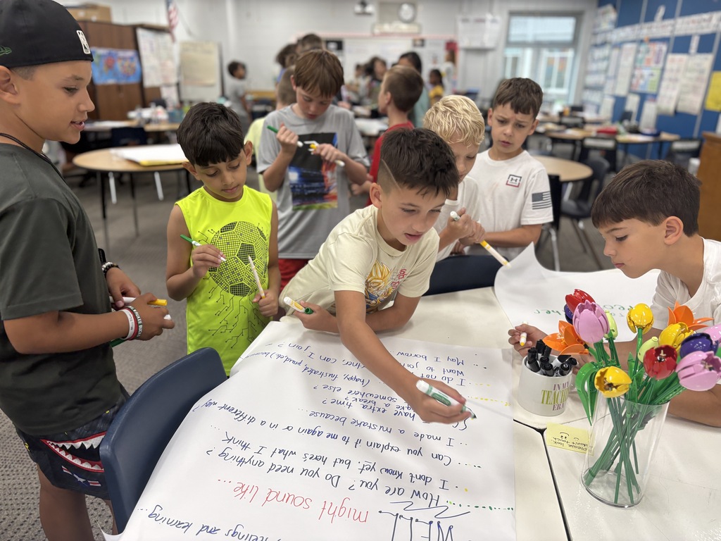 Students working together posting ideas with post its on a white paper.
