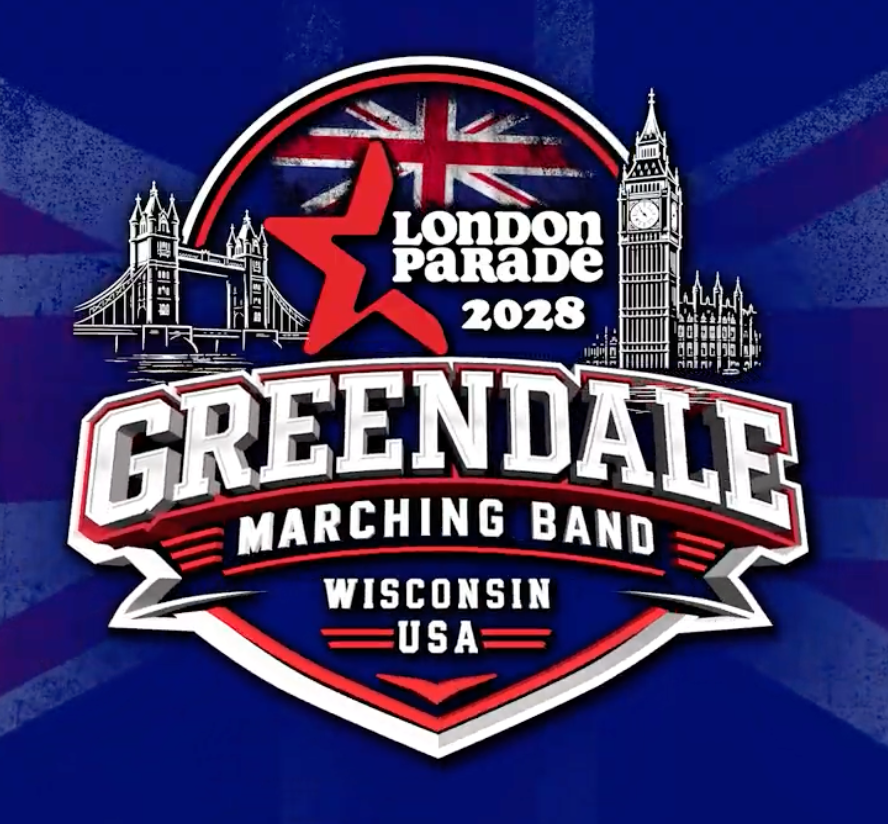 Graphic that says London Parade 2028 Greendale Marching Band Wisconsin USA