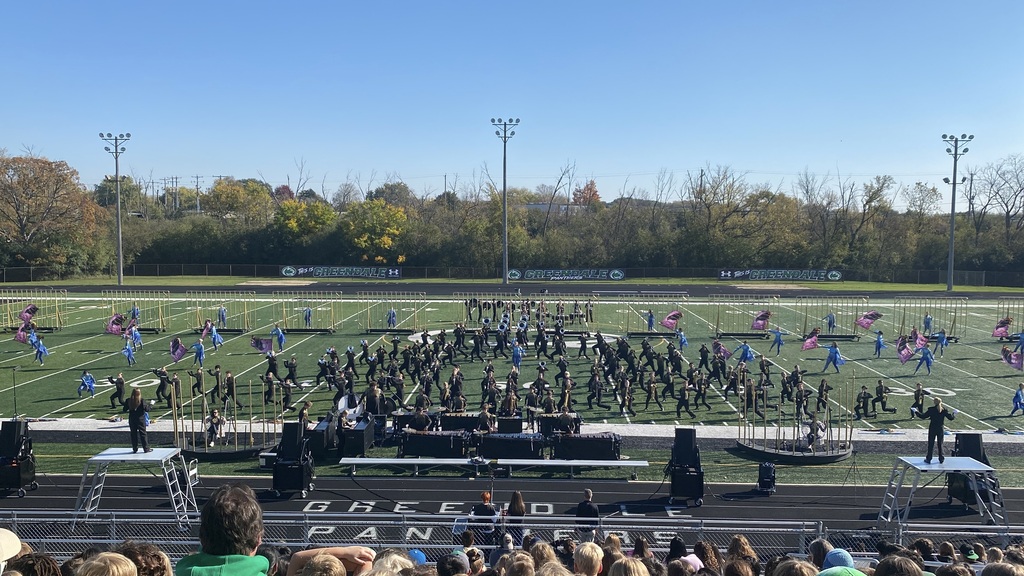 Marching band standing on a stadium field prepared to perform.