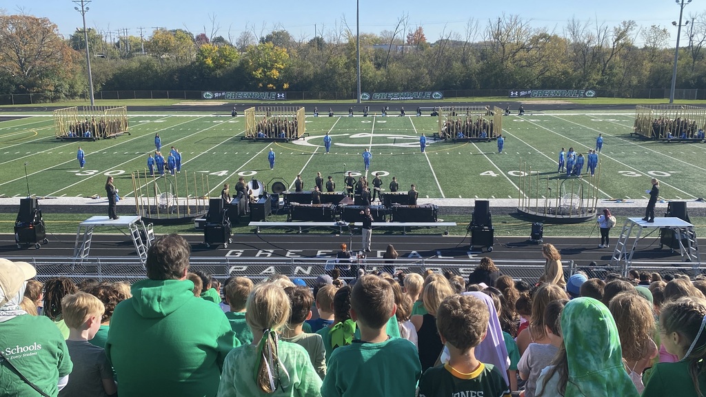 Marching band standing on a stadium field prepared to perform.
