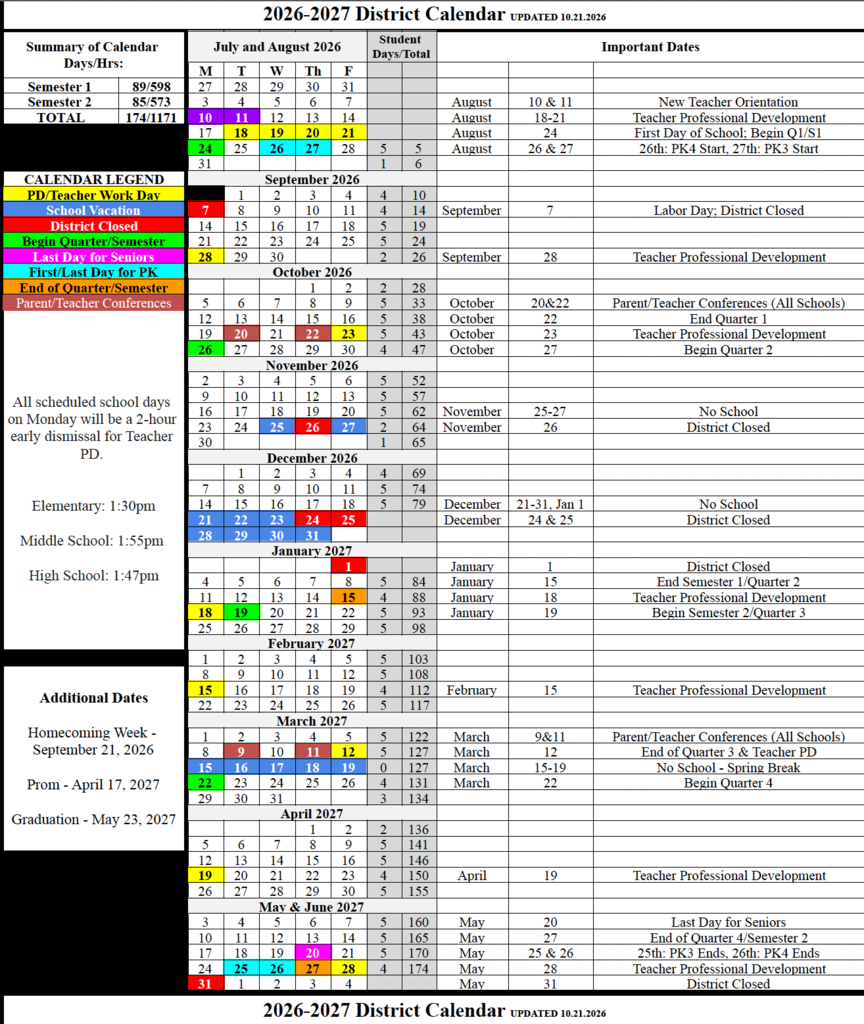 Updated 26-27 District Calendar