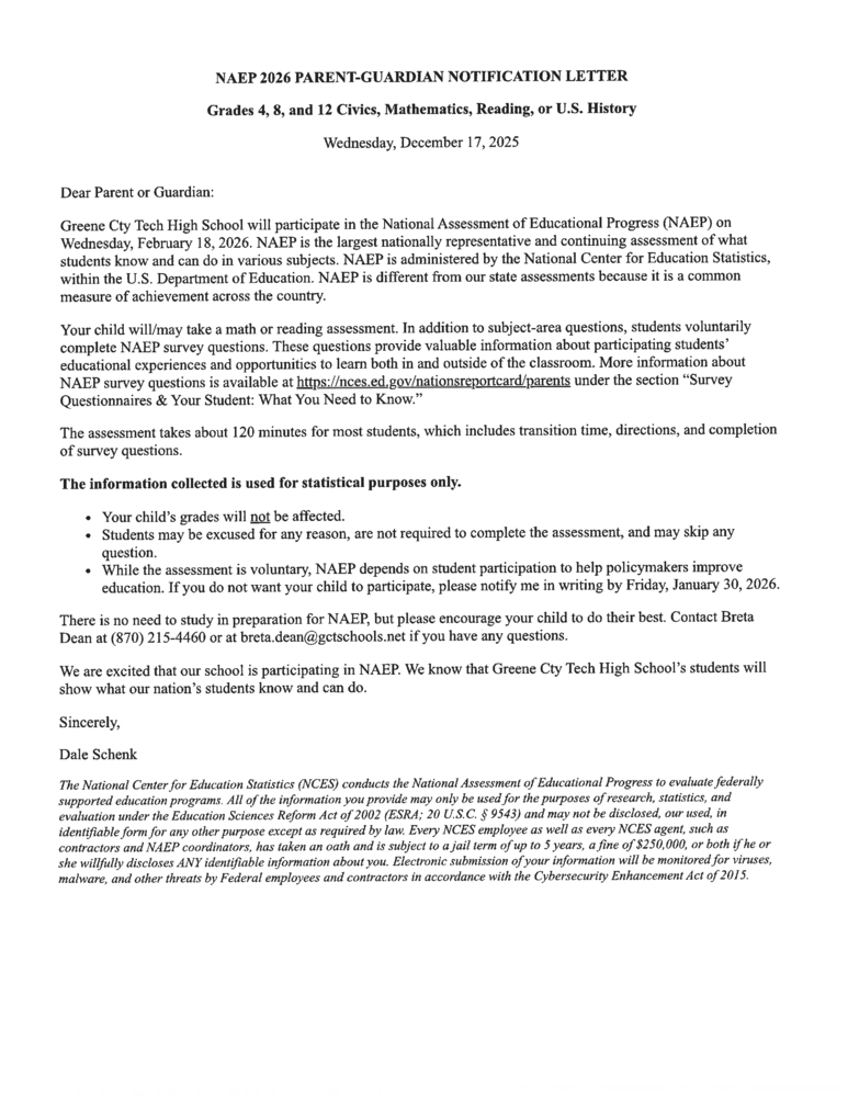 A letter about the NAEP test to be performed 2/18/2026