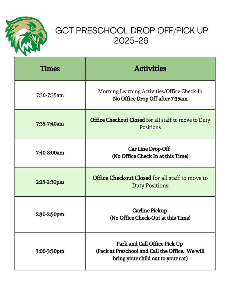 25/26 PK Pick Up/Drop Off Schedule