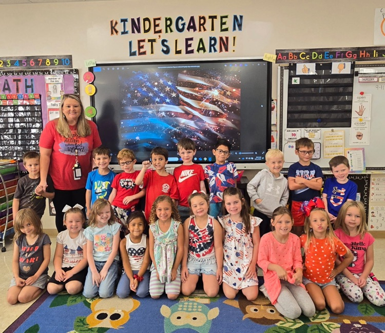 Mrs. Shelley's class says, "Red, white, and blue for me and you!"