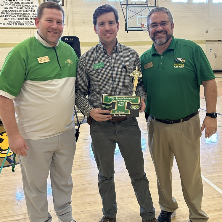 Congratulations to Mr Ben Gander our teacher of the month as voted on by Greene County Tech junior high students. Great day to be a Junior Eagle! 🦅 