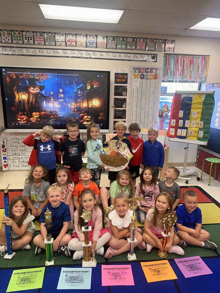 Mrs. Eva’s class celebrated having the most feathers in PE, music, art, computers, and pace!