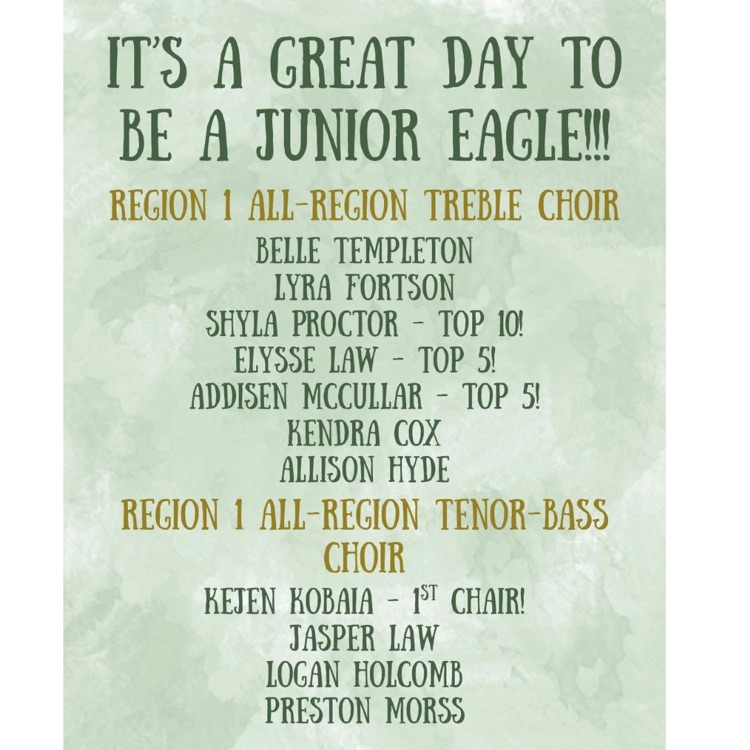 Congrats to these Golden Eagles for being selected to the Region 1 All-Region Choir today!!! Itโs (always) a GREAT DAY to be a Junior Eagle! ๐๐๐ฆ
. Ty Mrs Sanders for all that you do to support our choir kids!