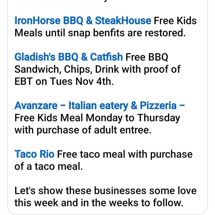 Some local businesses are trying to help those affected by the government shutdown. Thank you to these businesses for their help. Love when a community bands together to help each other!