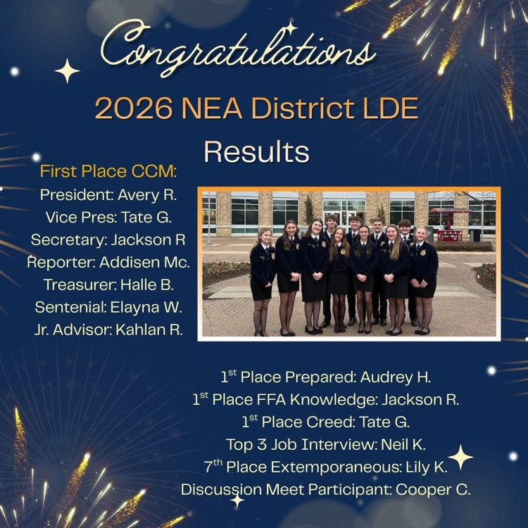 GCT FFA had a great day at the NEA District Leadership Events held at Arkansas State University! The top three in each event will compete at the state contest in April.