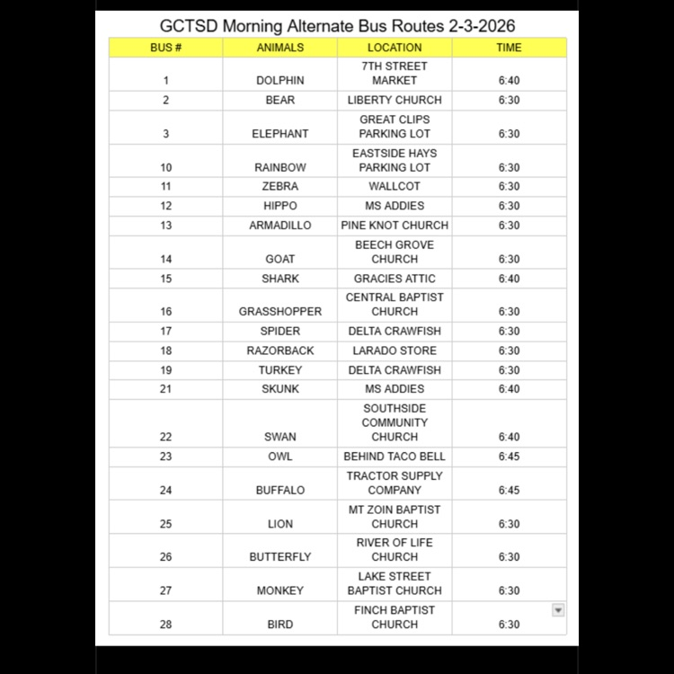 GCTJHS will be on normal schedule Tuesday, February 3, 2026. please notice the modified bus routes for tomorrow morning. 🦅 