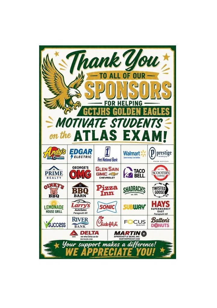 Thank you to our sponsors for supporting our students with giveaway items and encouraging them to give their best on the ATLAS Exam! 💚💛 #GreatDayToBeAJrEagle