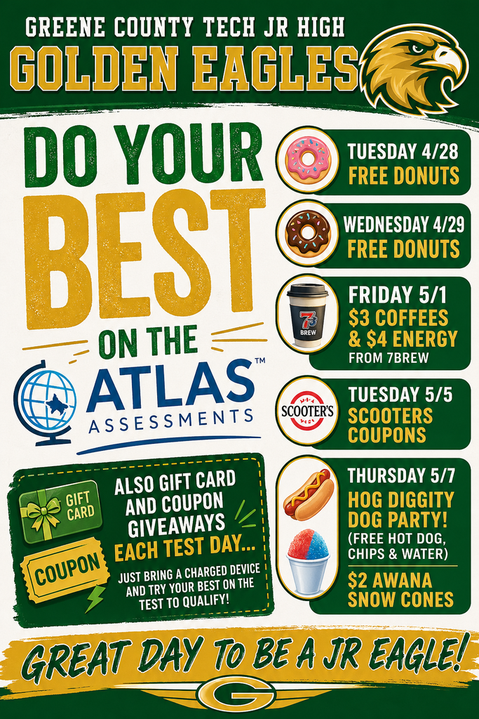 Students, get a good night sleep, charge your computer and do your best on the Atlas Exam tomorrow!  Great Day To Be A Jr Eagle!