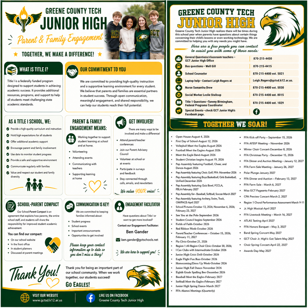 Together We Make a Difference!  Attached is some information about clubs, organizations and other ways to get involved!  Because of our staff and students, It Is A Great Day To Be A Jr Eagle! 