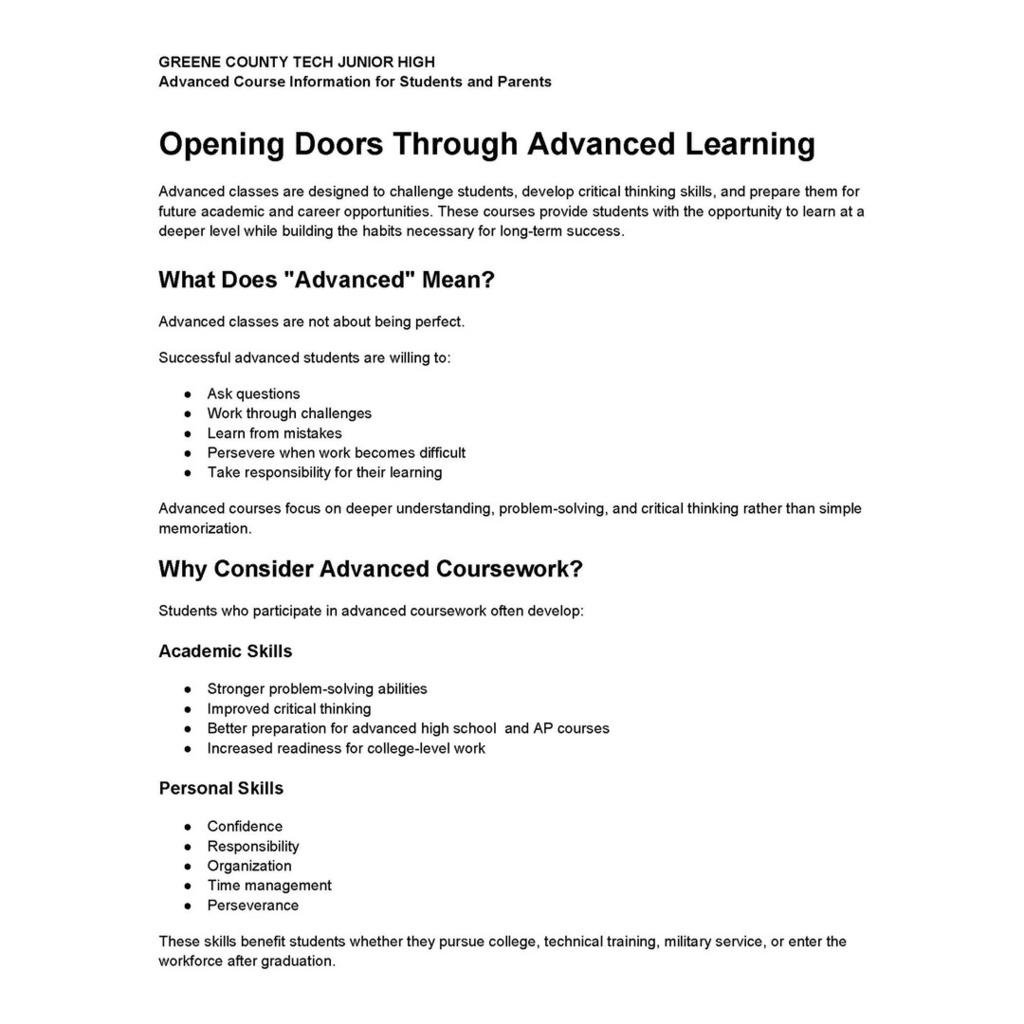 GCT Advanced Classes Parent Information.  Meeting Tuesday, August 4, 2026 @ 4:30 PM in Reynolds.