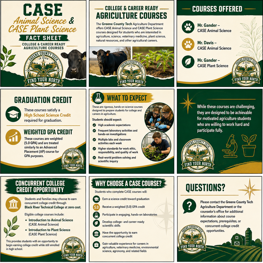 Meeting Tuesday, August 4, 2026 @ 4:15 in Reynolds Gym.  GCT Jr High Information about Case Animal Science and Plant Science Courses.  These classes are available to 9th graders  for those that completed Intro to Ag during 8th grade.