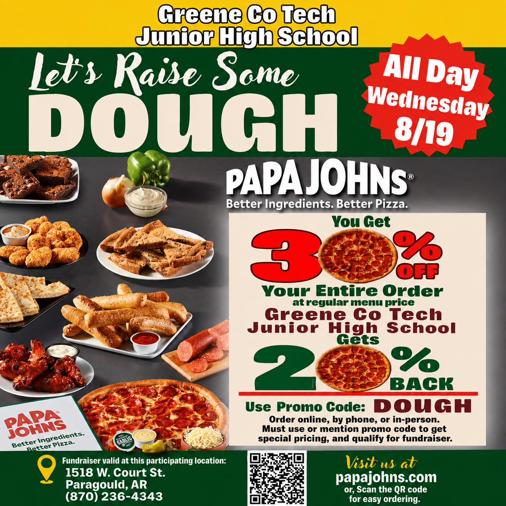 Join us this Wednesday (8/19) for some delicious pizza while supporting Greene County Tech Jr. High! 💚💛  Be sure to use the listed code when placing your order so that a portion of your purchase goes back to help GCTJHS!  Grab some pizza, share the code with your friends and family, and help support our Golden Eagles! 🦅🍕💚💛