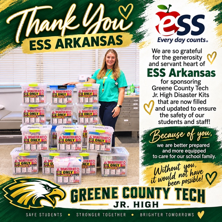 Thank you to ESS Arkansas for helping us fill and update our disaster kits! Your generosity and partnership allow us to better serve and protect our students and staff.  Great day to be a Junior Eagle! 🦅💚💛