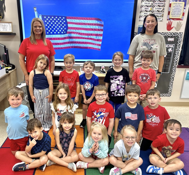 Mrs. Amanda & Mrs. April’s class wearing red, white, and blue for Patriot Day!