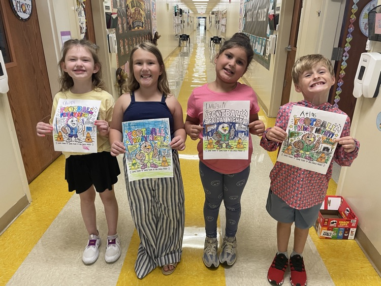 “Ms. Erin’s class had a coloring contest today to support our football boys tonight! Go Eagles💚💛”