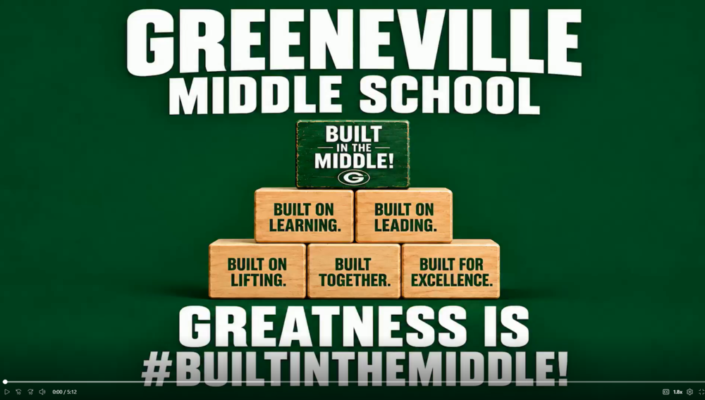 Alt Text:  Green and white title graphic for Greeneville Middle School's "Built in the Middle" campaign. Wooden blocks are stacked in a pyramid with the phrases "Built on Learning," "Built on Leading," "Built on Lifting," "Built Together," and "Built for Excellence." A sign at the top reads "Built in the Middle!" Large text above and below the blocks reads "Greeneville Middle School" and "Greatness Is #BuiltInTheMiddle!" The image serves as the opening screen for a school board presentation video.
