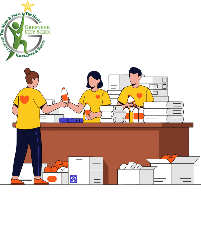 Three volunteers wearing yellow shirts with heart symbols are organizing supplies such as bottles, towels, and boxes on a large table. The logo of Greeneville City Schools appears in the upper left corner with the motto ‘Cultivate the Mind & Impact the Heart – Excellence & Equity.’ The scene represents community service and teamwork.