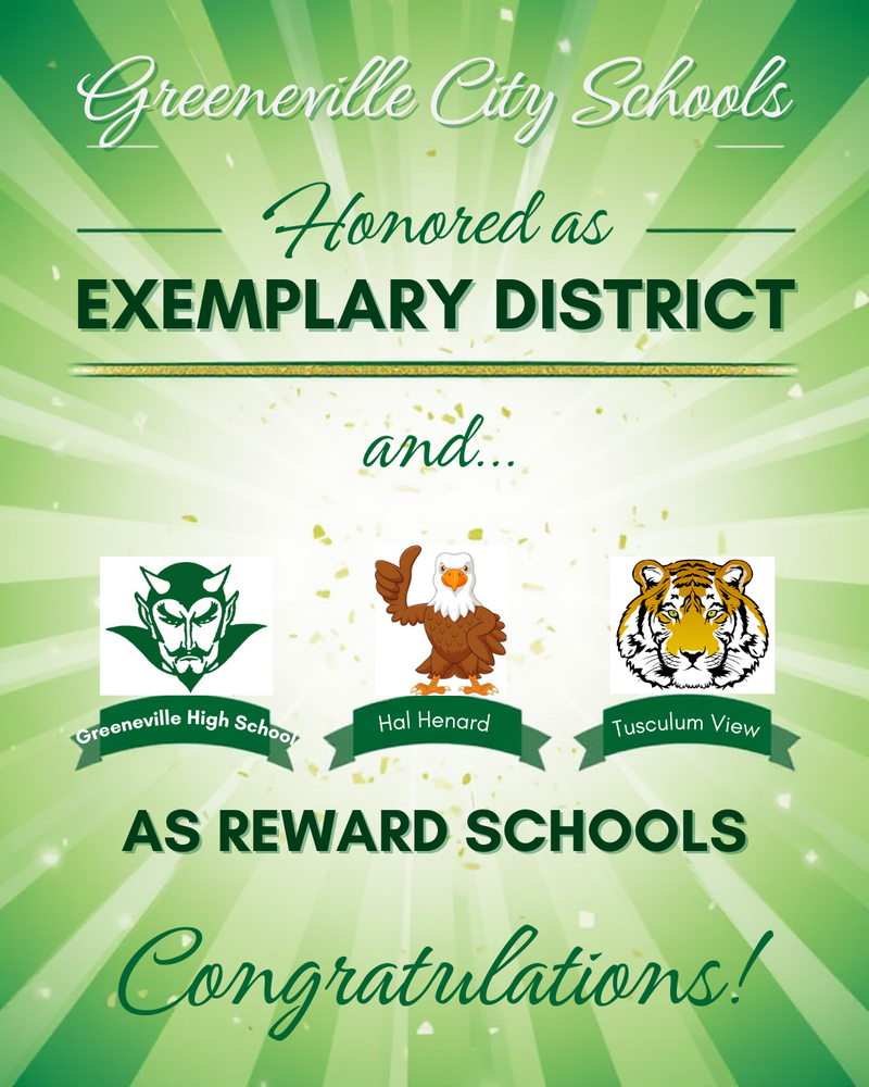 green banner with light rays and gold confetti announcing Greeneville City Schools honored as an Exemplary District. Below, three school logos are displayed: Greeneville High School (green devil mascot), Hal Henard (brown eagle mascot), and Tusculum View (orange tiger mascot), recognized as Reward Schools. The text ends with ‘Congratulations!’ in elegant script.