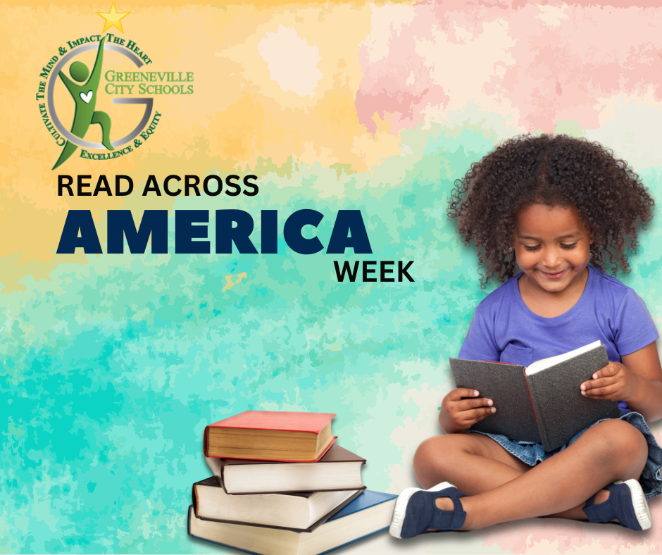 gcs logo with the words read across america week. a little girl sits reading a book