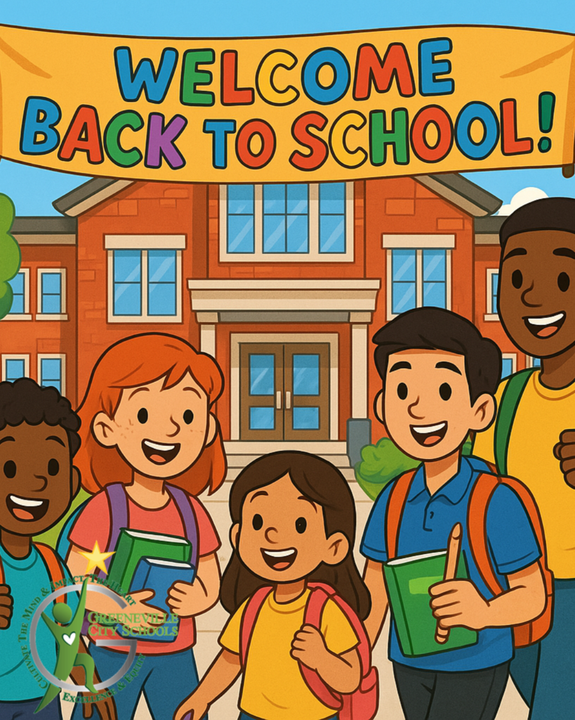 A vibrant and welcoming back-to-school graphic for social media, featuring a diverse group of students of different ages—from kindergarten to high school—smiling and walking into a school building. The scene includes colorful backpacks, books, and school supplies. A banner above the school entrance reads 'Welcome Back to School!' in playful, bold letters. The background shows a sunny day with trees and a school bus. The overall tone is cheerful, inclusive, and energetic.