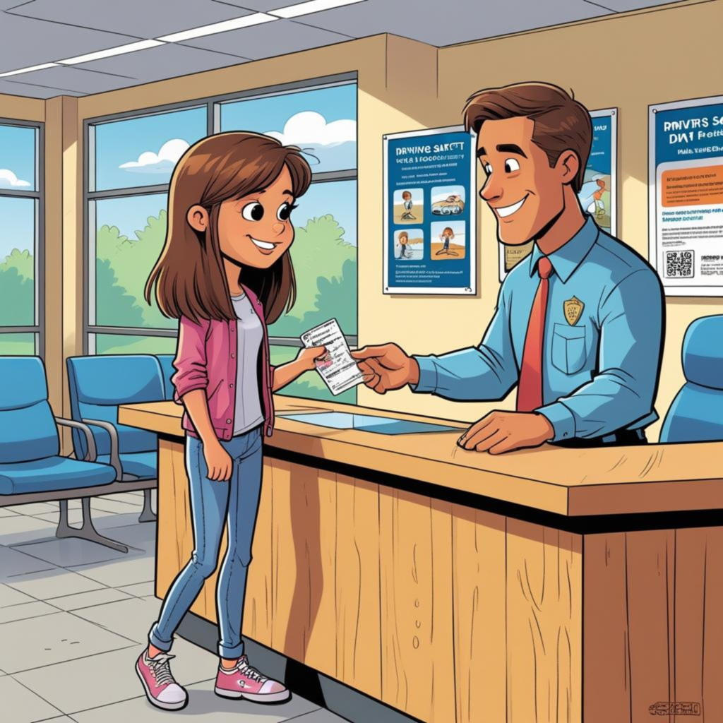 A cartoon-style illustration of a DMV office. A teenage girl with long brown hair, dressed in a pink jacket, white shirt, blue jeans, and pink sneakers, hands a form to a uniformed DMV officer behind the counter. The officer wears a blue uniform with a badge and red tie. The background includes driving safety posters, large windows with trees outside, and blue waiting chairs.