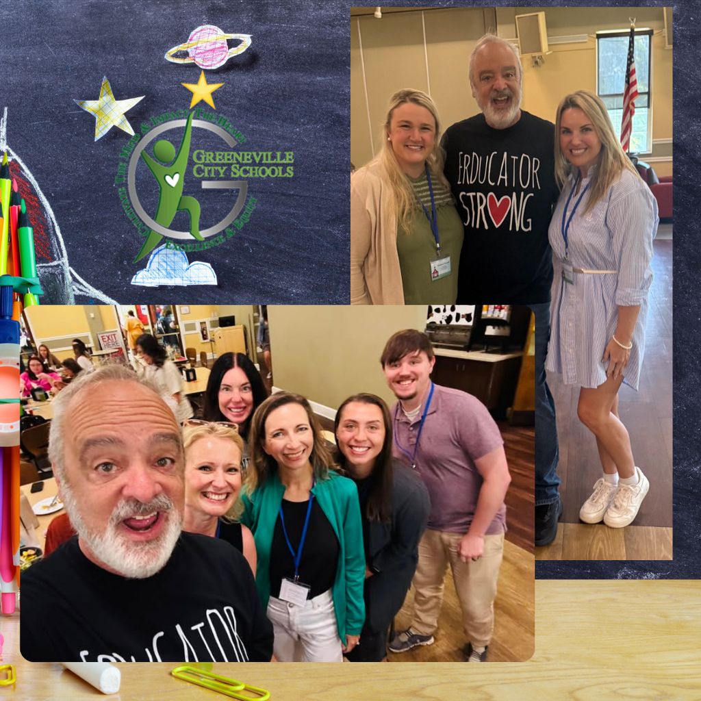 Collage featuring the Greeneville City Schools logo and three photos from an educational conference. The logo shows a green figure reaching for stars with a planet in the background. One photo shows three people standing together, one wearing a shirt that says "EDUCATOR STRONG." Another photo captures a group gathered indoors, likely at an event. The final photo shows six individuals posing together, some wearing name tags.
