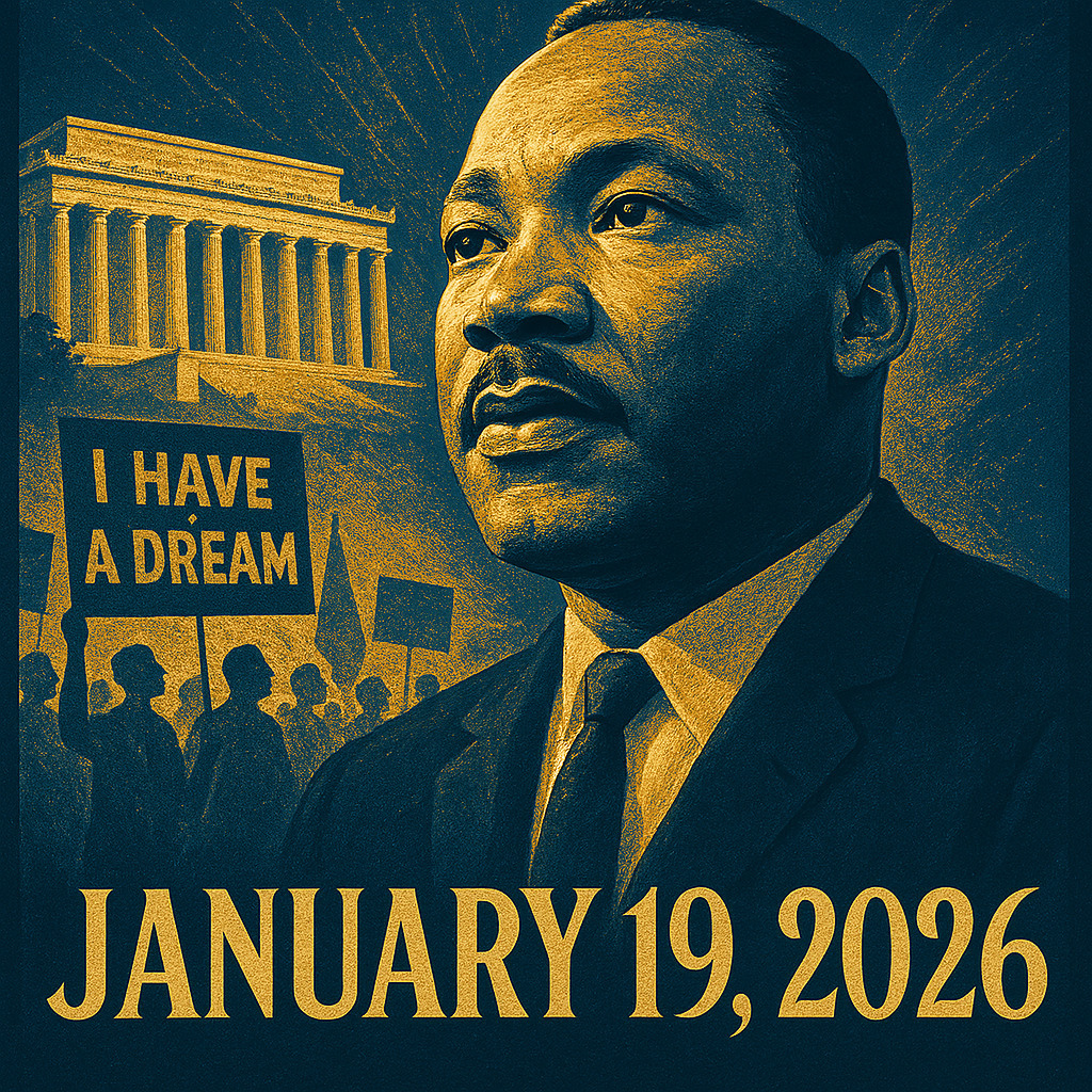"Stylized illustration of Martin Luther King Jr. with the Lincoln Memorial in the background and a crowd holding signs, including one that reads 'I HAVE A DREAM.' The date 'JANUARY 19, 2026' is displayed at the bottom."
