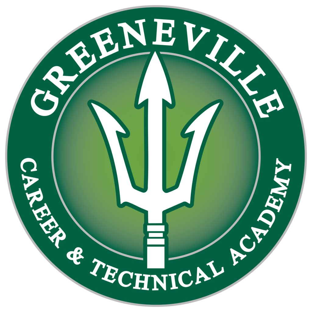 Circular logo of Greeneville Career & Technical Academy with a green background and a white trident in the center. The word 'GREENEVILLE' appears at the top and 'CAREER & TECHNICAL ACADEMY' at the bottom, both in white text.