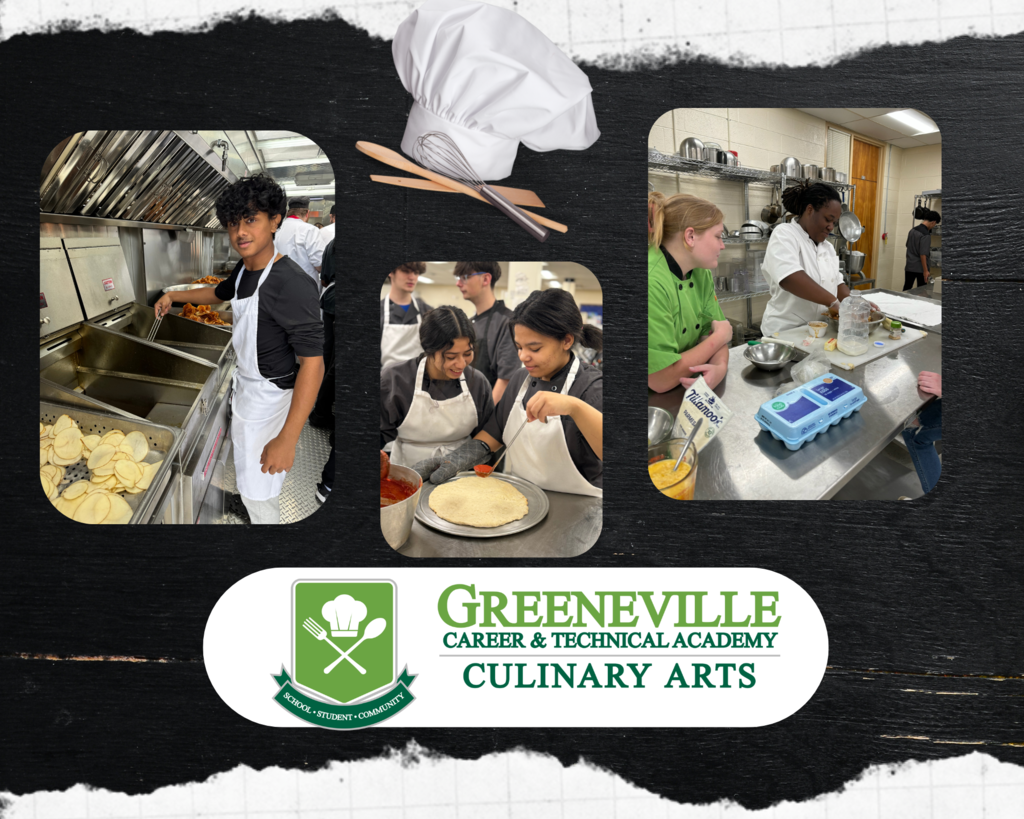 Three scenes of students engaged in culinary activities at Greeneville Career & Technical Academy. One student is frying food in a kitchen; another group is preparing dough or pizza; and others are working with ingredients and kitchen tools on a countertop. The bottom of the image features the Greeneville Career & Technical Academy Culinary Arts logo, displaying crossed utensils and the program name.