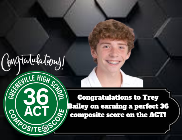  Graphic announcing Trey Bailey’s achievement of a perfect 36 composite score on the ACT. Includes congratulatory text, a circular Greeneville High School emblem with “36 ACT Composite Score,” and a hexagonal background with a partially obscured individual.