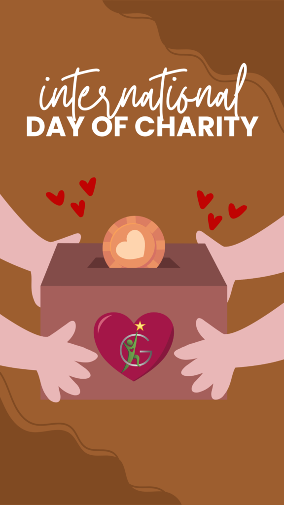 **Alt Description:**   Illustration for International Day of Charity featuring two hands holding a donation box with a heart symbol. A coin is being dropped into the box, surrounded by small red hearts. The background is brown with wavy patterns, and the top of the image displays the text "International Day of Charity."