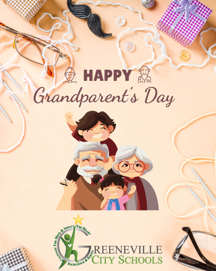 Festive graphic celebrating Grandparents Day featuring an illustration of smiling grandparents and grandchildren. The background includes decorative items like glasses, buttons, yarn, and gift boxes. The text reads “HAPPY Grandparent’s Day,” and the Greeneville City Schools logo appears at the bottom.