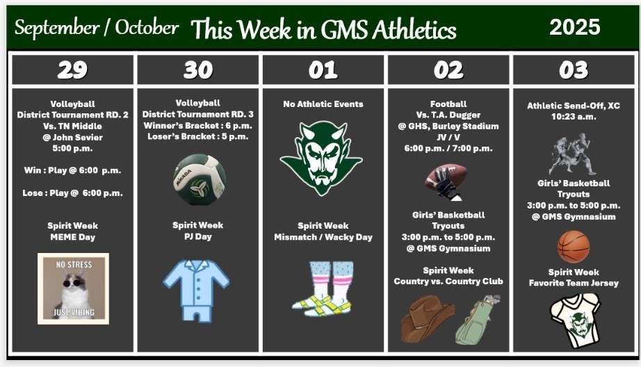Athletic schedule for the week of September 29th